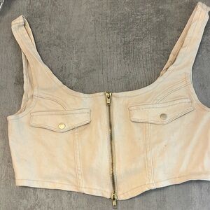 Weworewhat natural denim zip-front cropped top.